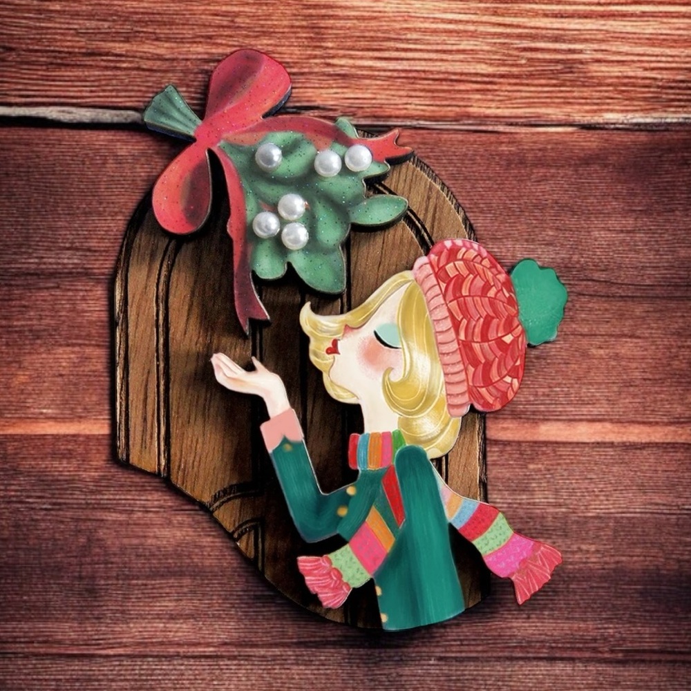 Kiss Me Under The Mistletoe LaliBlue Blonde Christmas Brooch Pin